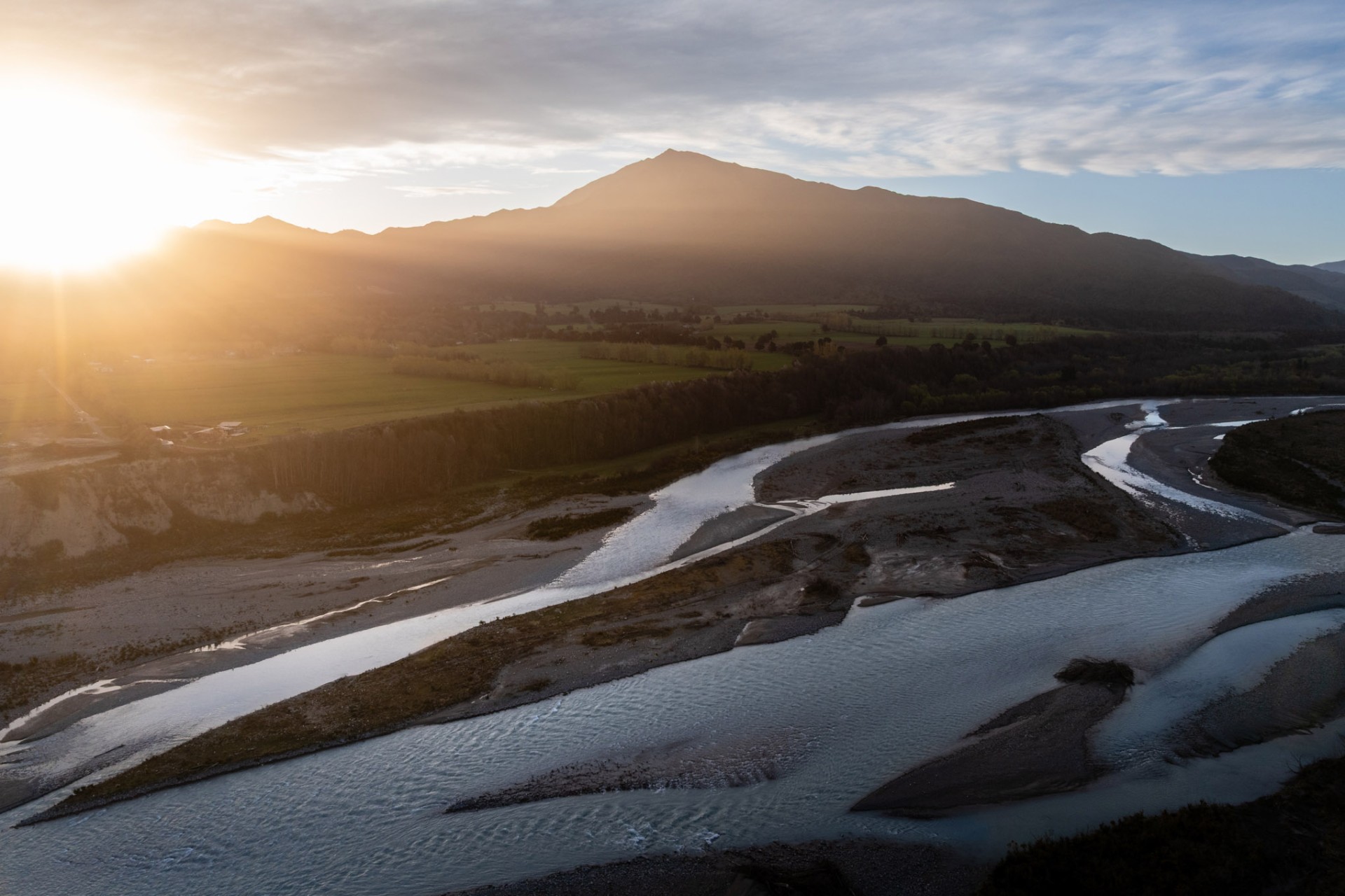 Sunrise over Mt Peel with the Rangitata River winding through the valley